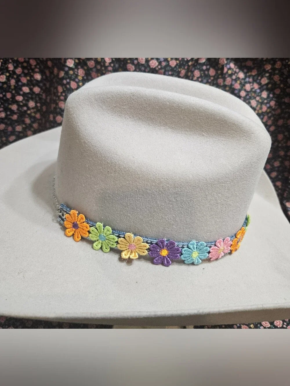 Floral Western Hat Band Denim &  Multicolor Daisies